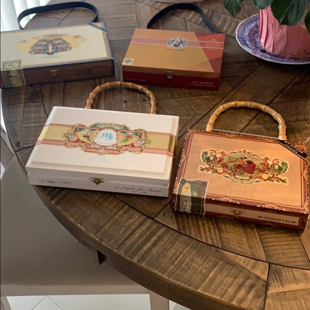 Handcrafted Tabacco Box purses. One of a kind.